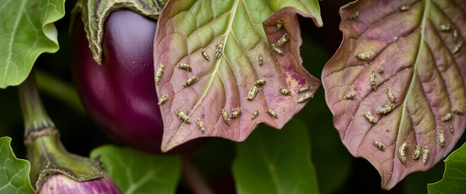 Hojas de berenjena con pulgones y daños por succión de savia